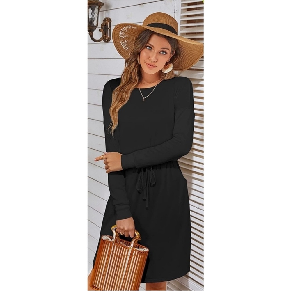 Simier Fariry black long sleeve jersey knit dress with drawstring waist Medium